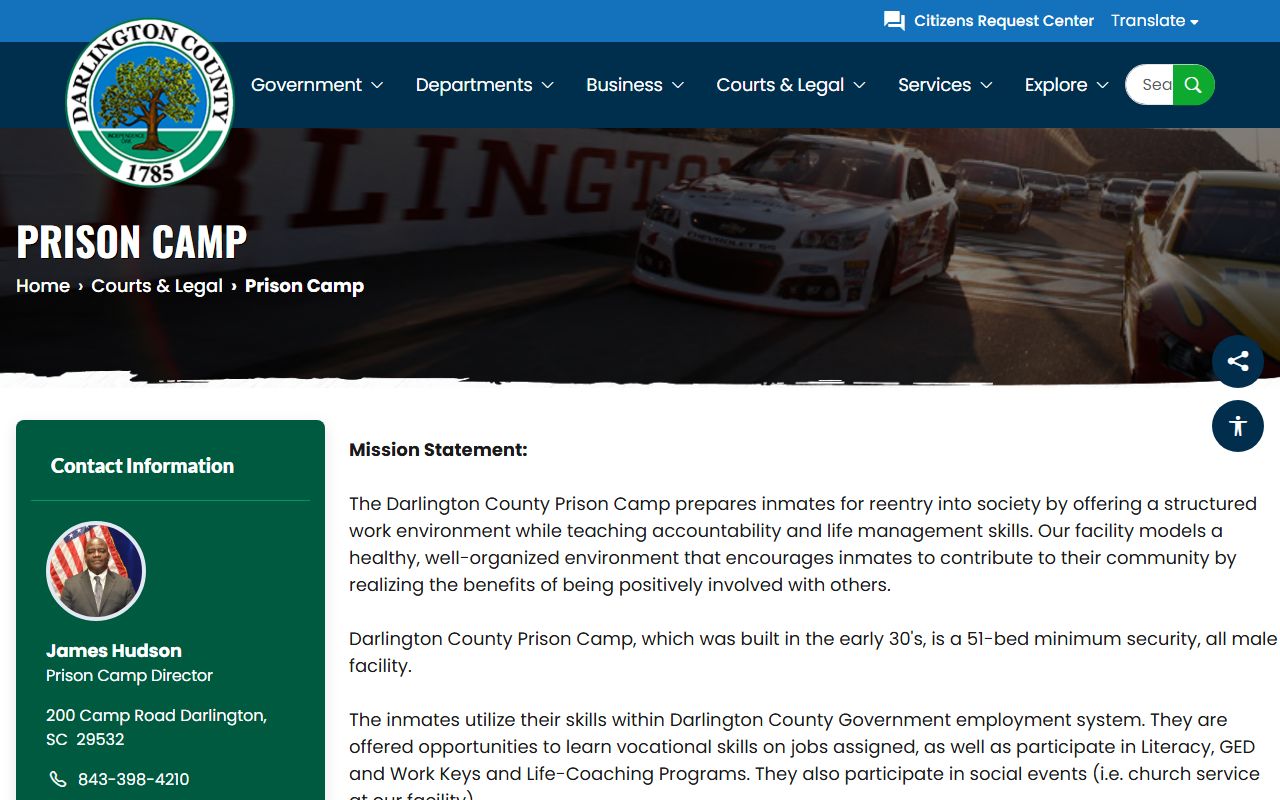 Darlington County Prison Camp inmate lookup and designated facility page
