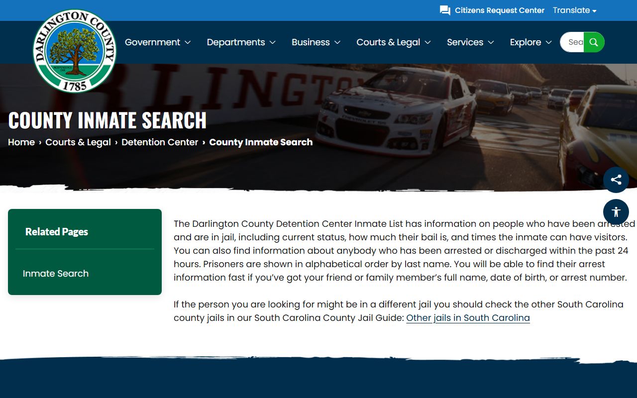 Darlington County inmate population search page