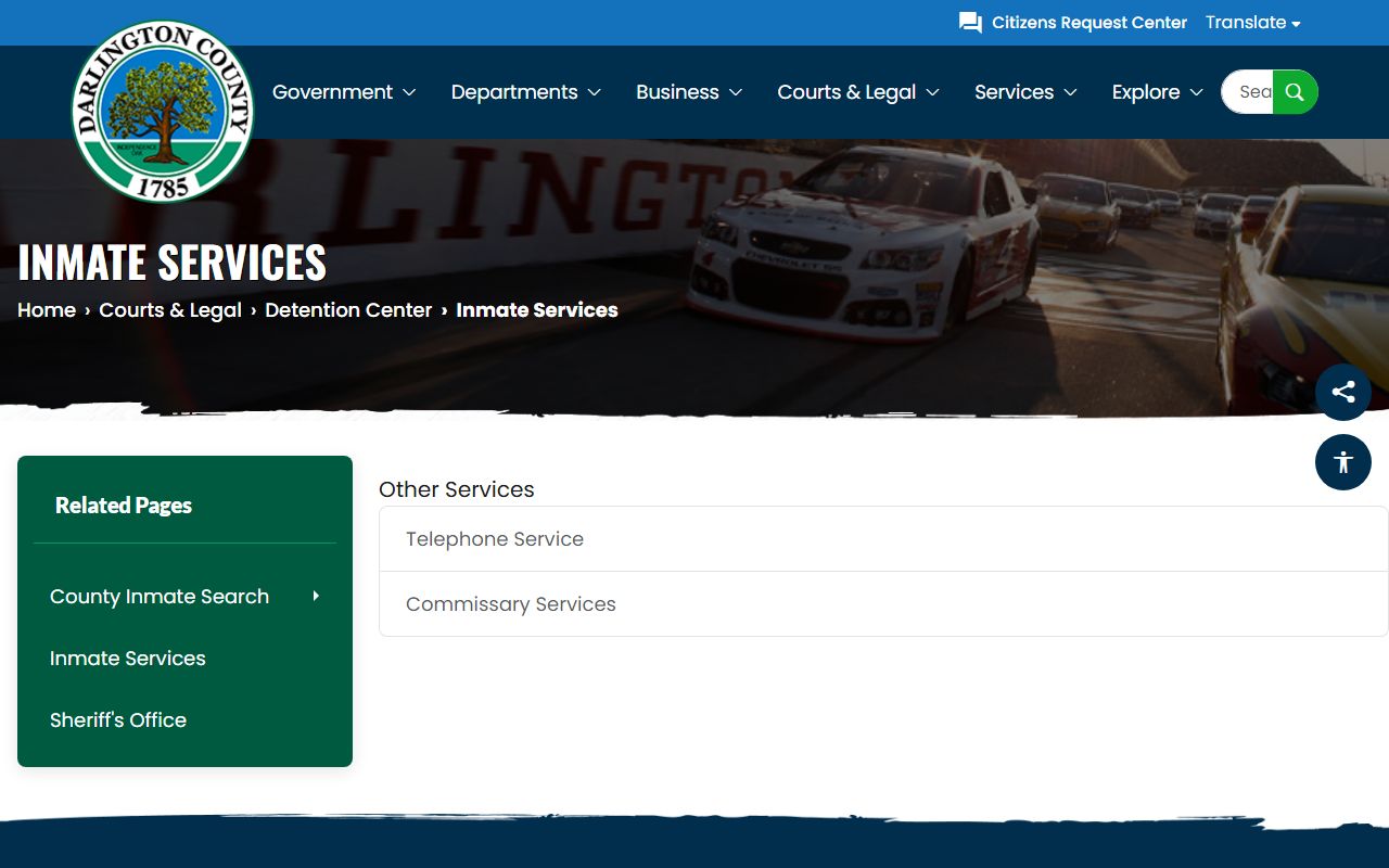Darlington County inmate records inmate services page for phone and commissary links